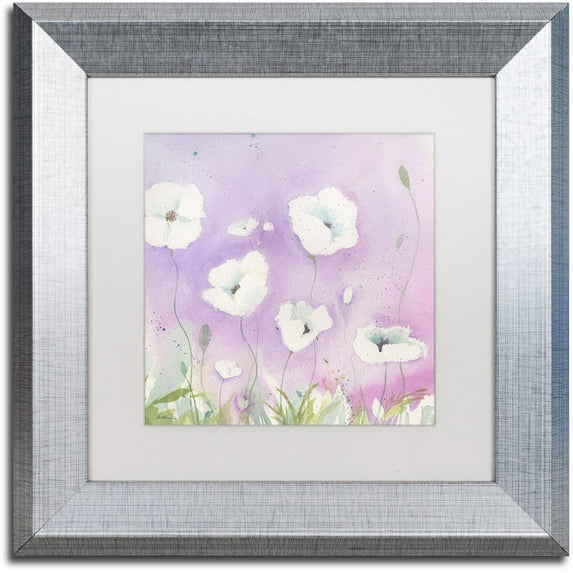 Trademark Fine Art 'White Poppies, Violet Sky' Canvas Art by Sheila Golden, White Matte, Silver Frame