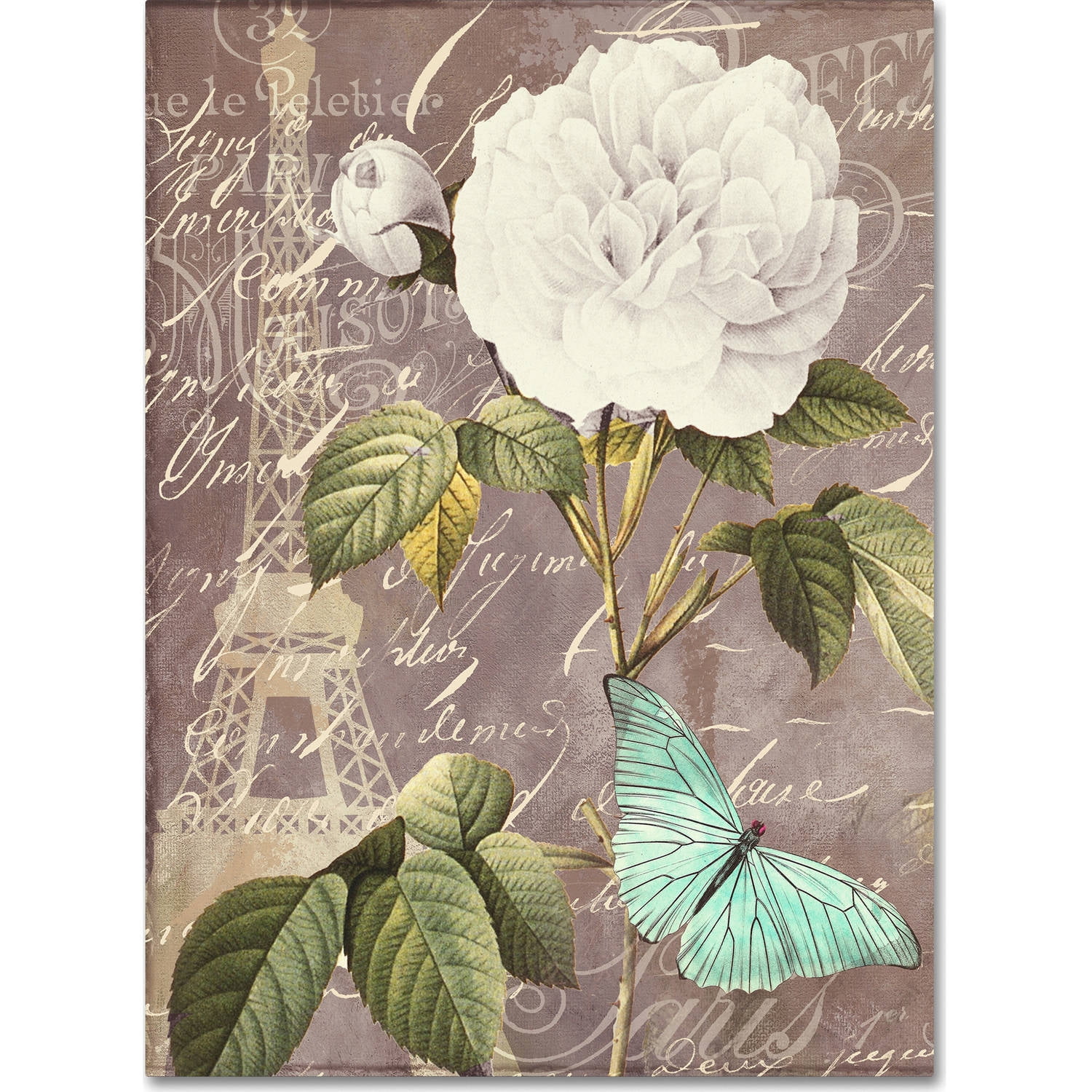 White Rose and Butterfly Canvas Art with Eiffel Tower Silhouette