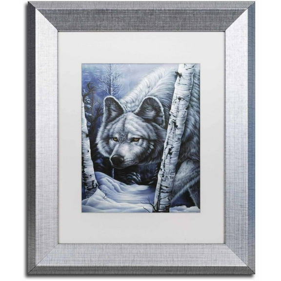 Trademark Fine Art 'White Wolf' Canvas Art by Jenny Newland, White Matte, Silver Frame