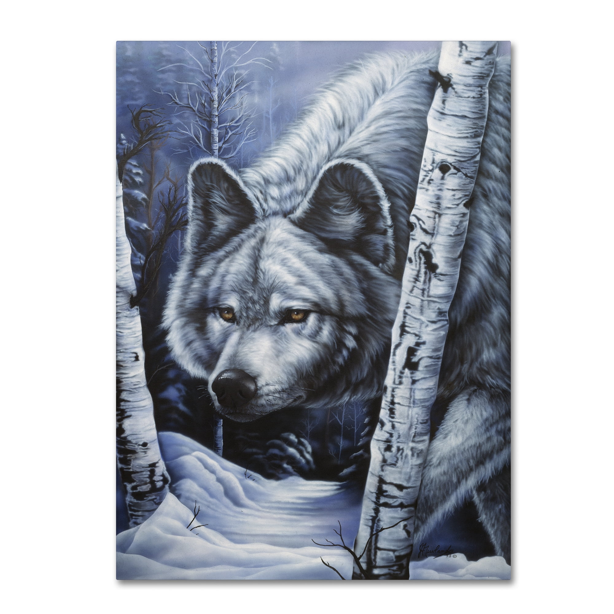 Large White Wolf Canvas Art in Snowy Forest Scene