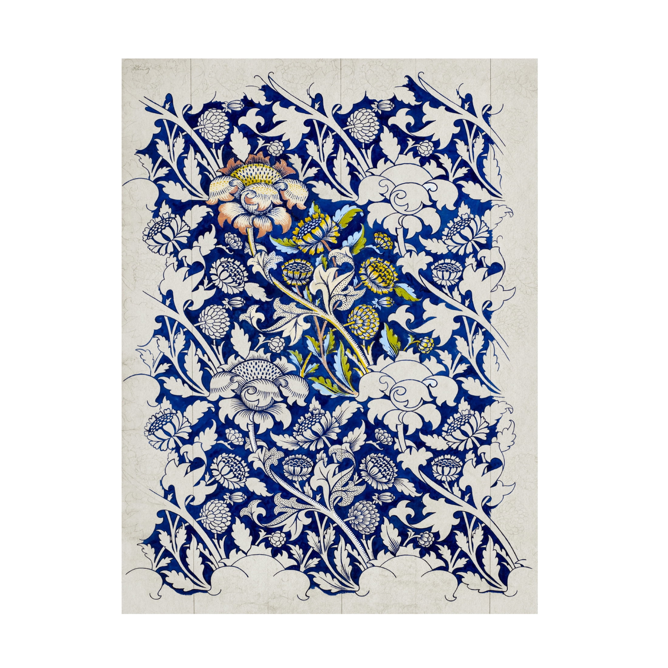Large Blue and White Floral Canvas Art with Wooden Frame