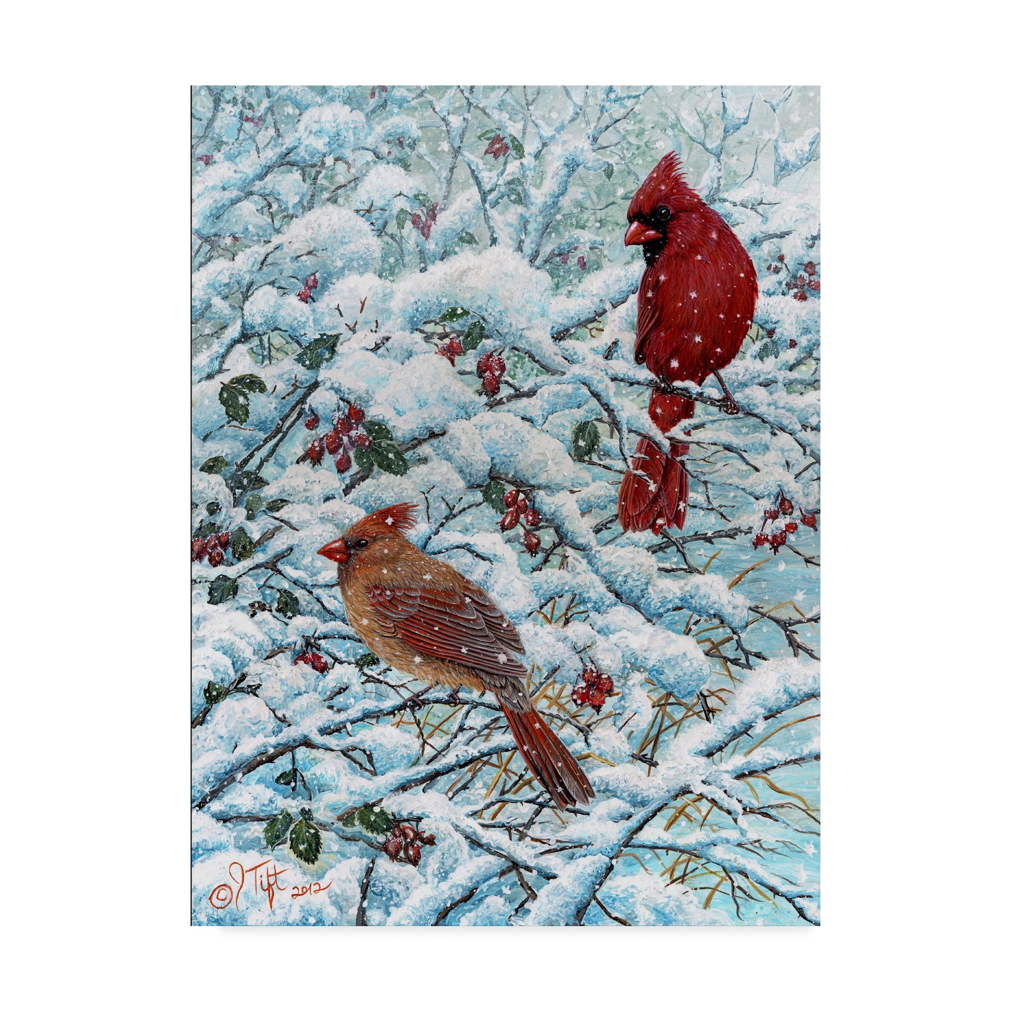 Winter Cardinals Portrait Framed Canvas Art in Snowy Landscape