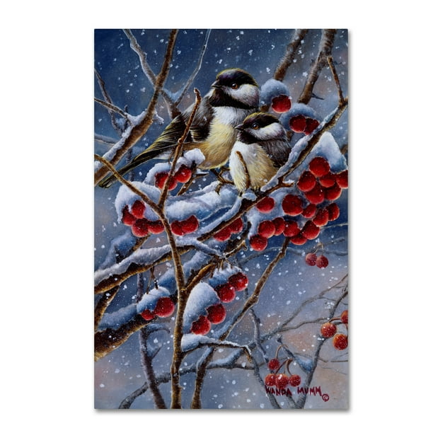Trademark Fine Art 'Winter Chickadees And Berries' Canvas Art by Wanda ...