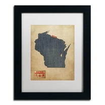 Trademark Fine Art "Wisconsin Map Denim Jeans Style" Canvas Art by Michael Tompsett, White Matte, Black Frame