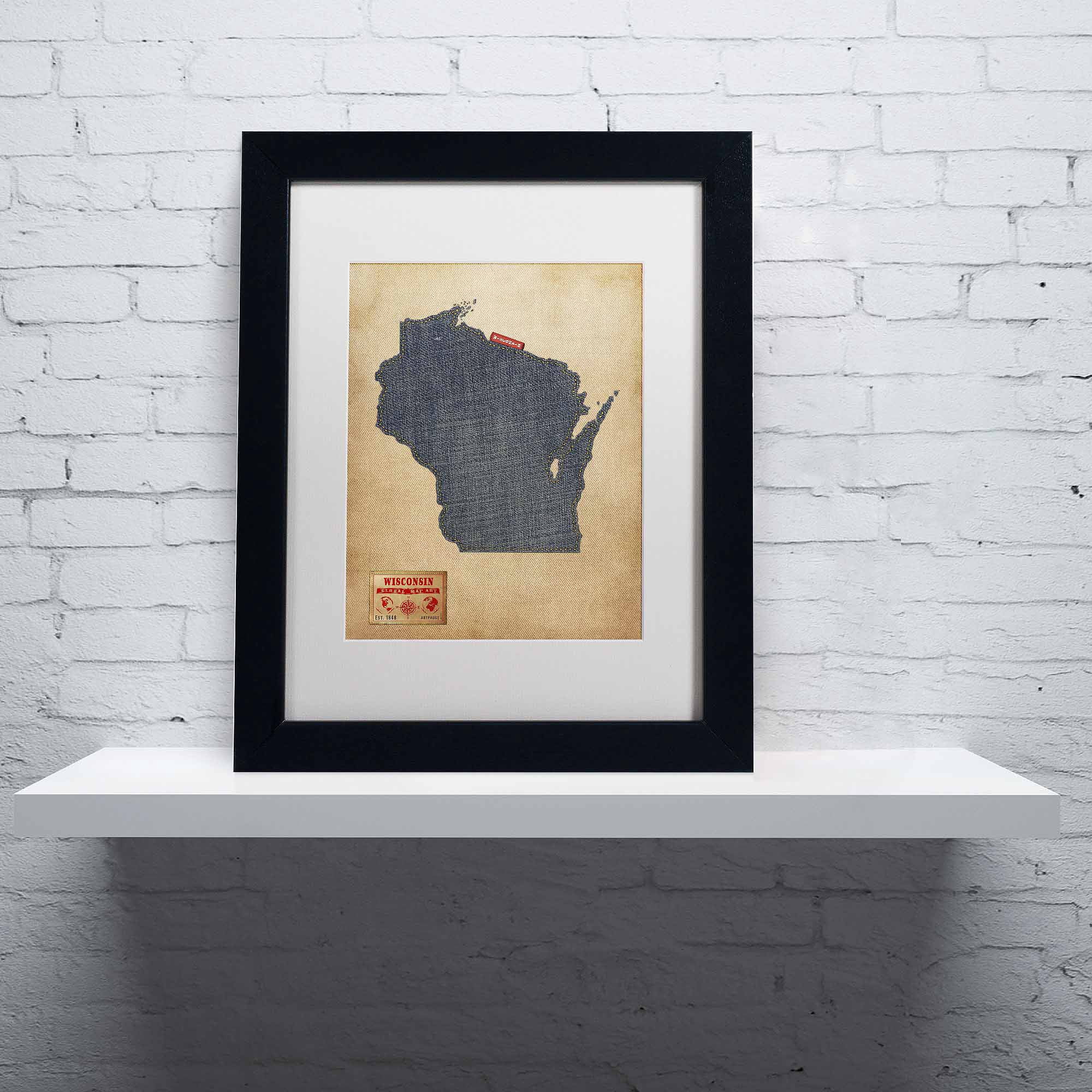 Trademark Fine Art "Wisconsin Map Denim Jeans Style" Canvas Art by Michael Tompsett, White Matte, Black Frame
