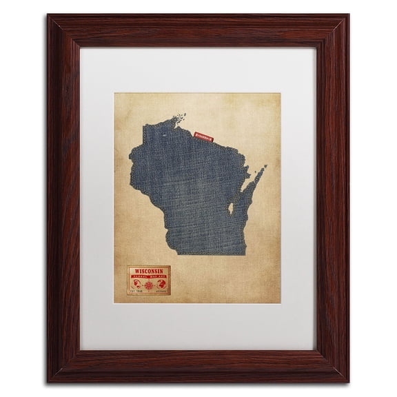 Trademark Fine Art "Wisconsin Map Denim Jeans Style" Canvas Art by Michael Tompsett, White Matte, Wood Frame