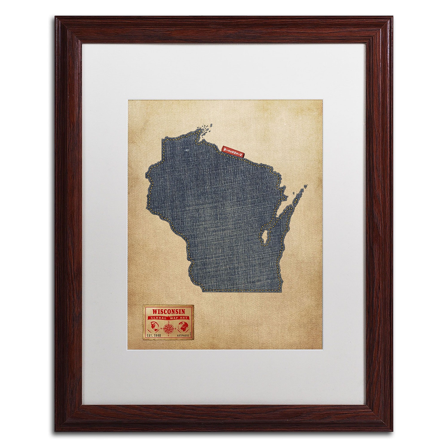 Trademark Fine Art "Wisconsin Map Denim Jeans Style" Canvas Art by Michael Tompsett, White Matte, Wood Frame