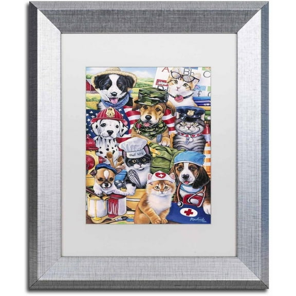Trademark Fine Art 'Working Paws' Canvas Art by Jenny Newland, White Matte, Silver Frame