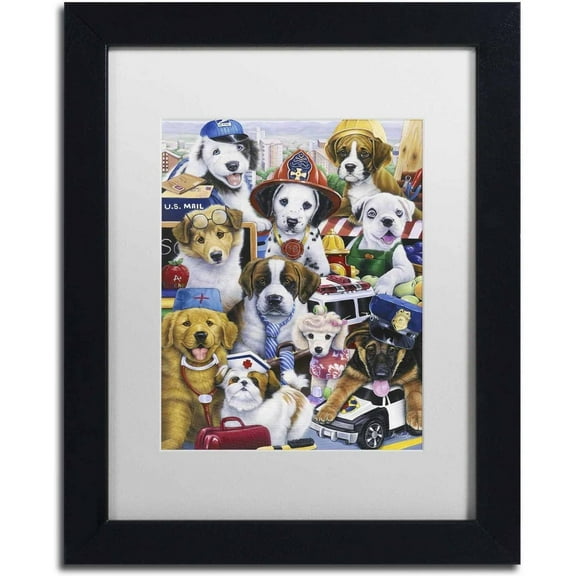 Trademark Fine Art 'Working Puppies' Canvas Art by Jenny Newland, White Matte, Black Frame