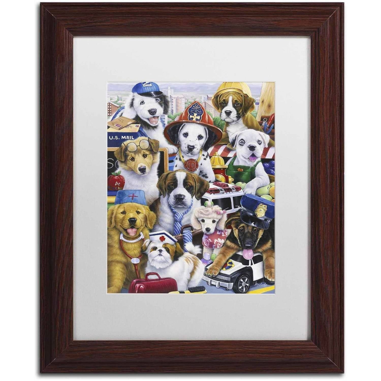 Trademark Fine Art 'Working Puppies' Canvas Art by Jenny Newland, White Matte, Wood Frame