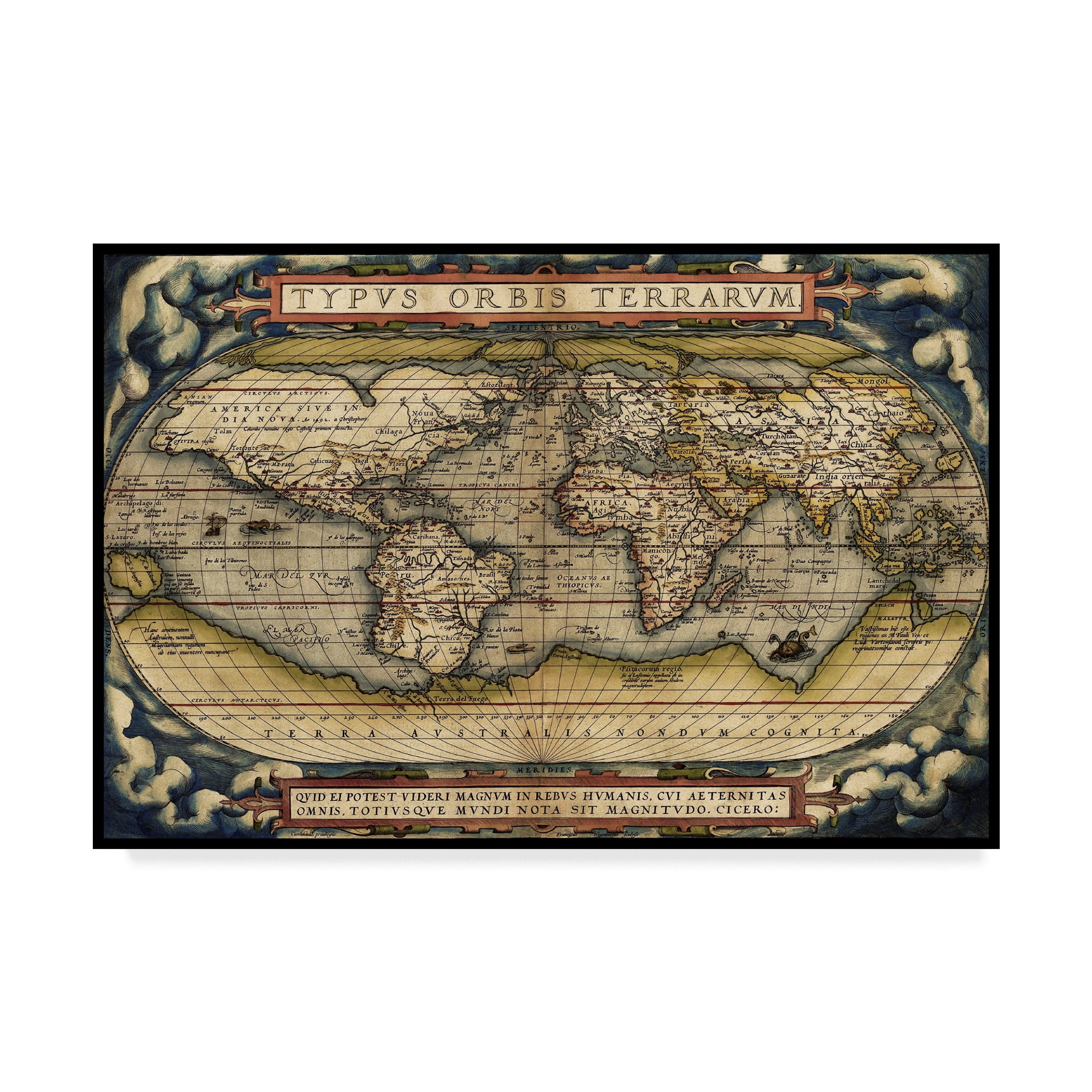 Vintage World Map 1570 Canvas Art in Dark Frame