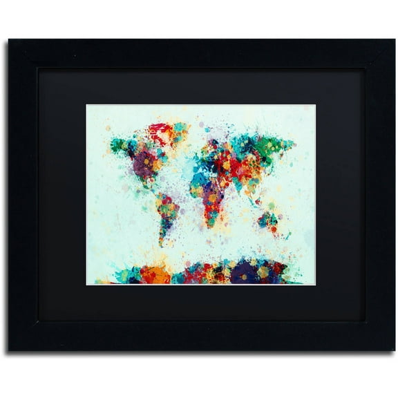 Trademark Fine Art "World Map Paint Splashes" Canvas Art by Michael Tompsett, Black Matte, Black Frame