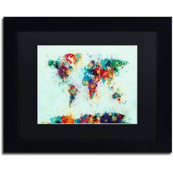 Trademark Fine Art "World Map Paint Splashes" Canvas Art by Michael Tompsett, Black Matte, Black Frame