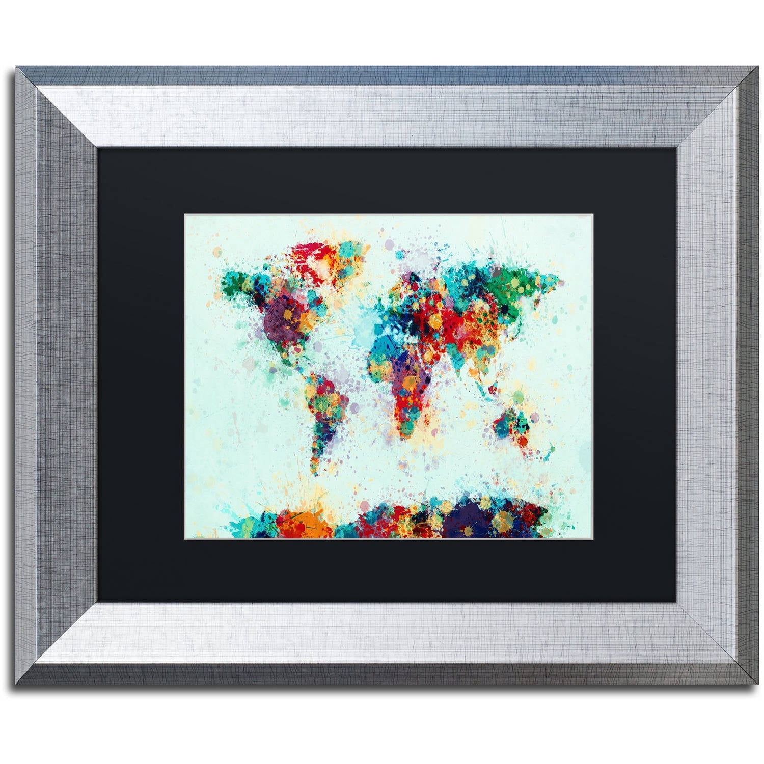 Trademark Fine Art "World Map Paint Splashes" Canvas Art by Michael Tompsett, Black Matte, Silver Frame