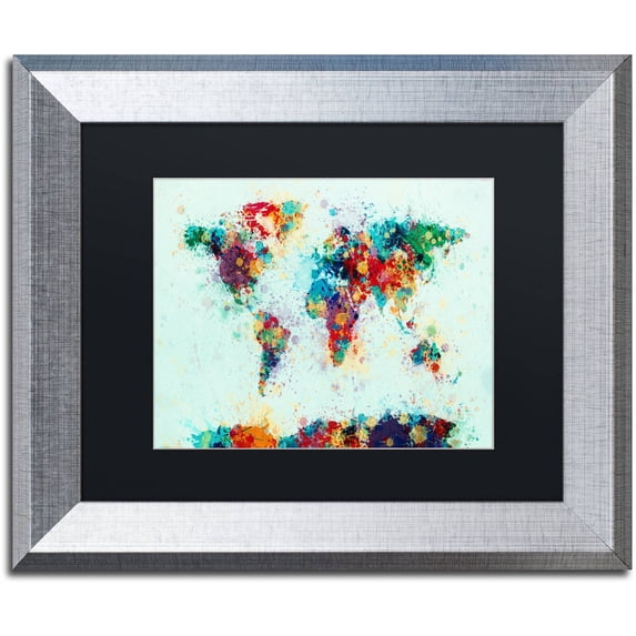 Trademark Fine Art "World Map Paint Splashes" Canvas Art by Michael Tompsett, Black Matte, Silver Frame