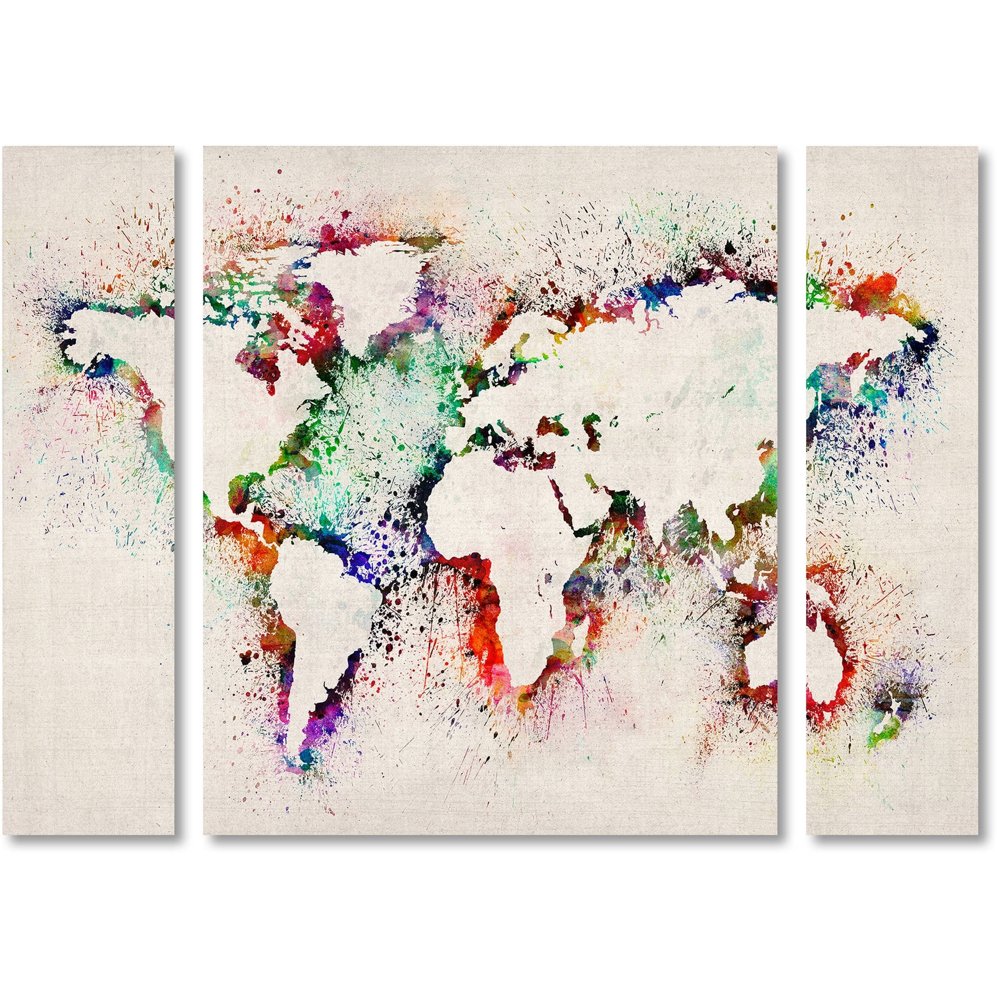 Trademark Fine Art "World Map Paint Splashes" Canvas Art by Michael Tompsett Three Panel Set