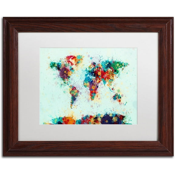 Trademark Fine Art "World Map Paint Splashes" Canvas Art by Michael Tompsett, White Matte, Wood Frame