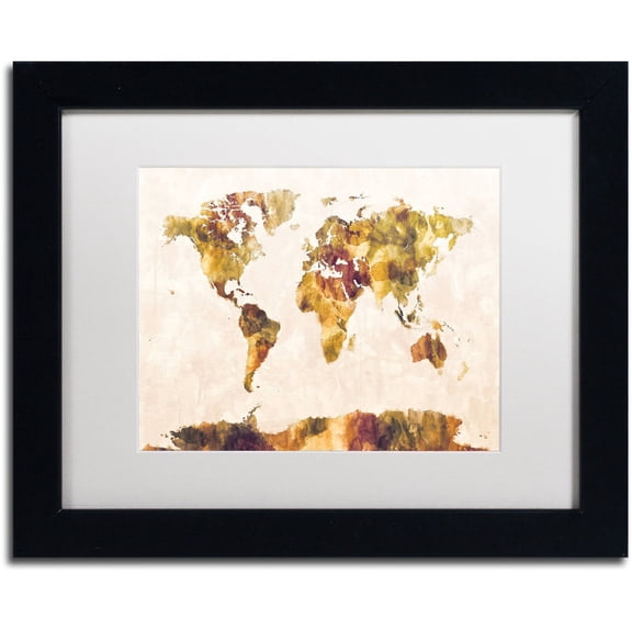 Trademark Fine Art "World Map Watercolor Painting" Canvas Art by Michael Tompsett, White Matte, Black Frame