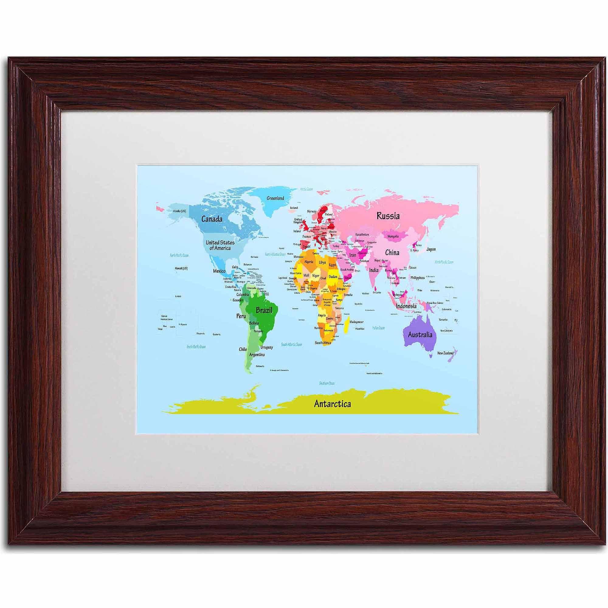 Trademark Fine Art "World Map for Kids" Canvas Art by Michael Tompsett, White Matte, Wood Frame