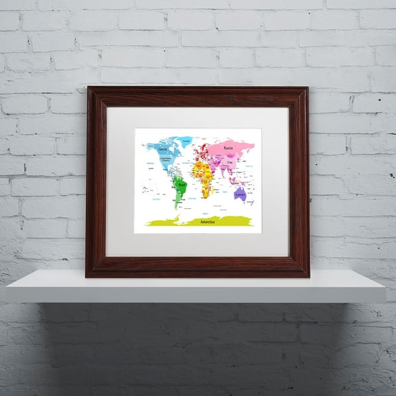 Trademark Fine Art "World Map for Kids II" Canvas Art by Michael Tompsett, White Matte, Wood Frame