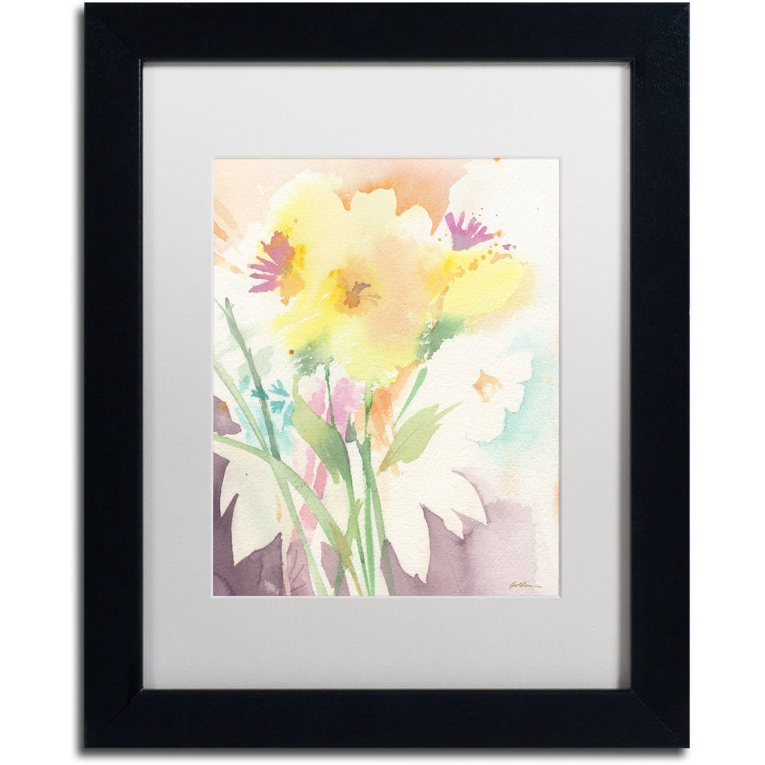 Trademark Fine Art "Yellow Flower Blossoming" Canvas Art by Sheila Golden, White Matte, Black Frame