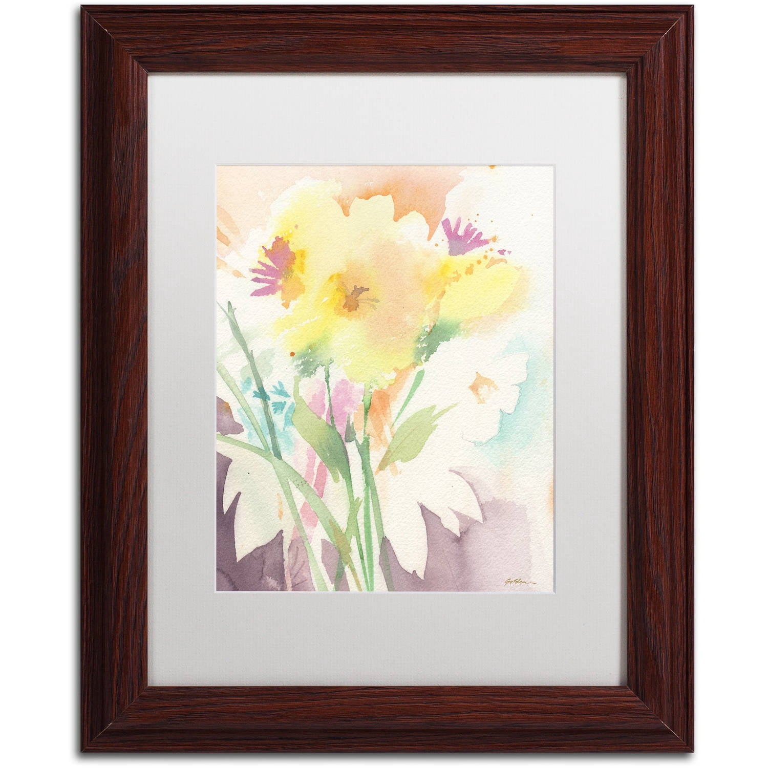 Trademark Fine Art "Yellow Flower Blossoming" Canvas Art by Sheila Golden, White Matte, Wood Frame