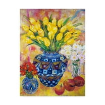 Trademark Fine Art 'Yellow Tulips In A Blue Pot' Canvas Art by Lorraine Platt