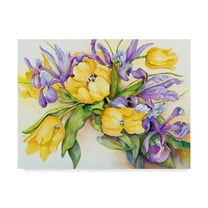 Trademark Fine Art 'Yellow Tulips With Blue Iris' Canvas Art by Joanne Porter