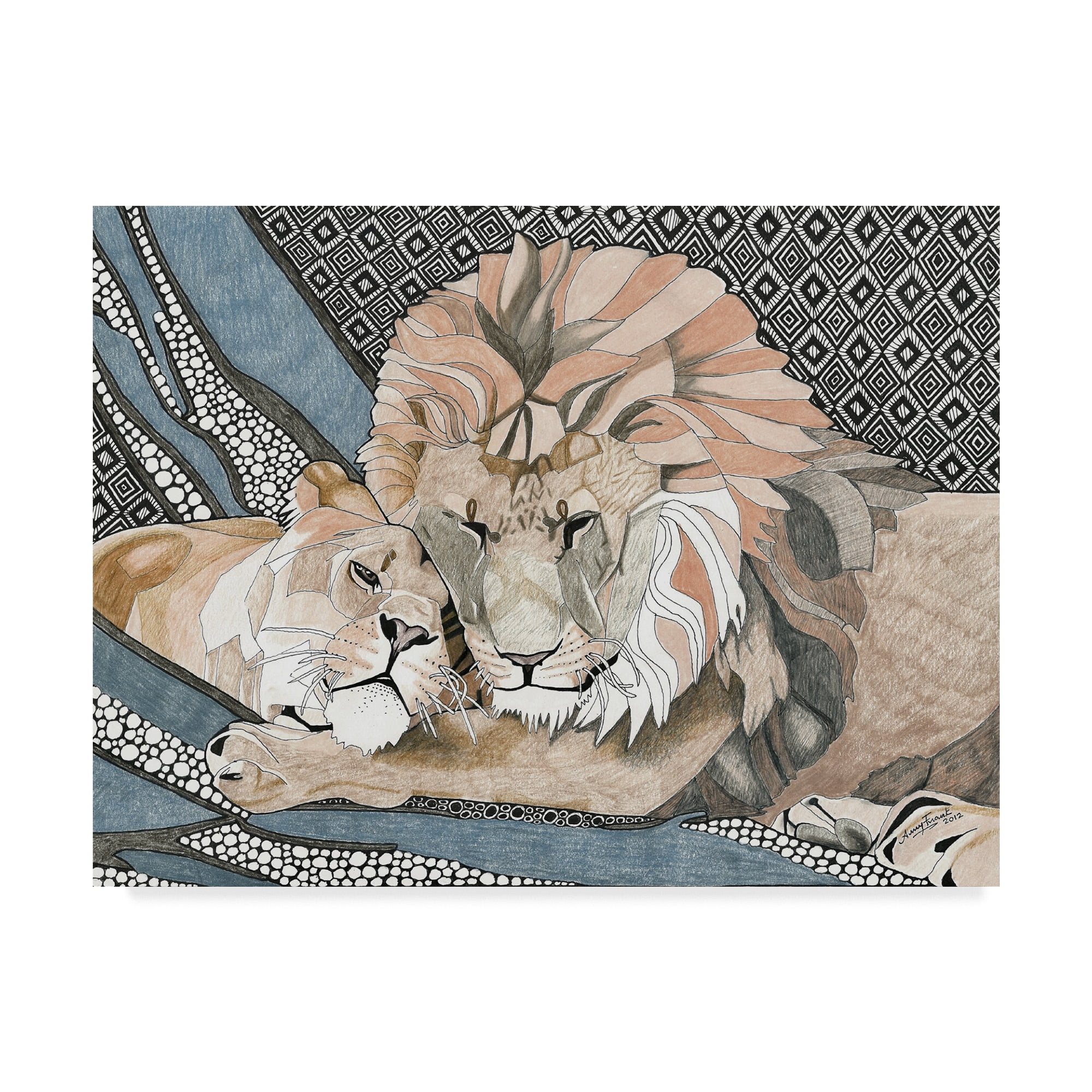 Modern Framed Canvas Art with Lions in Beige and Gray