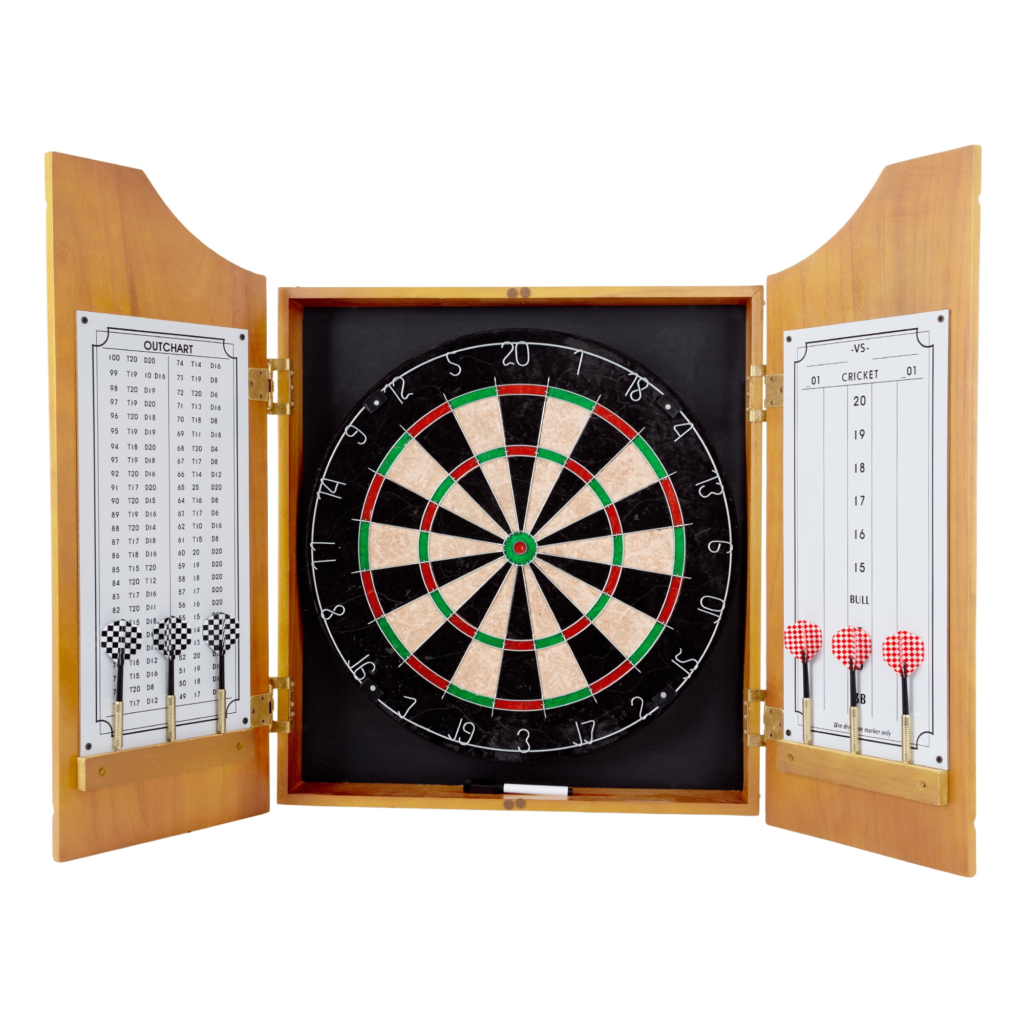 Solid Pinewood Dartboard Cabinet Set with Steel Tip Darts