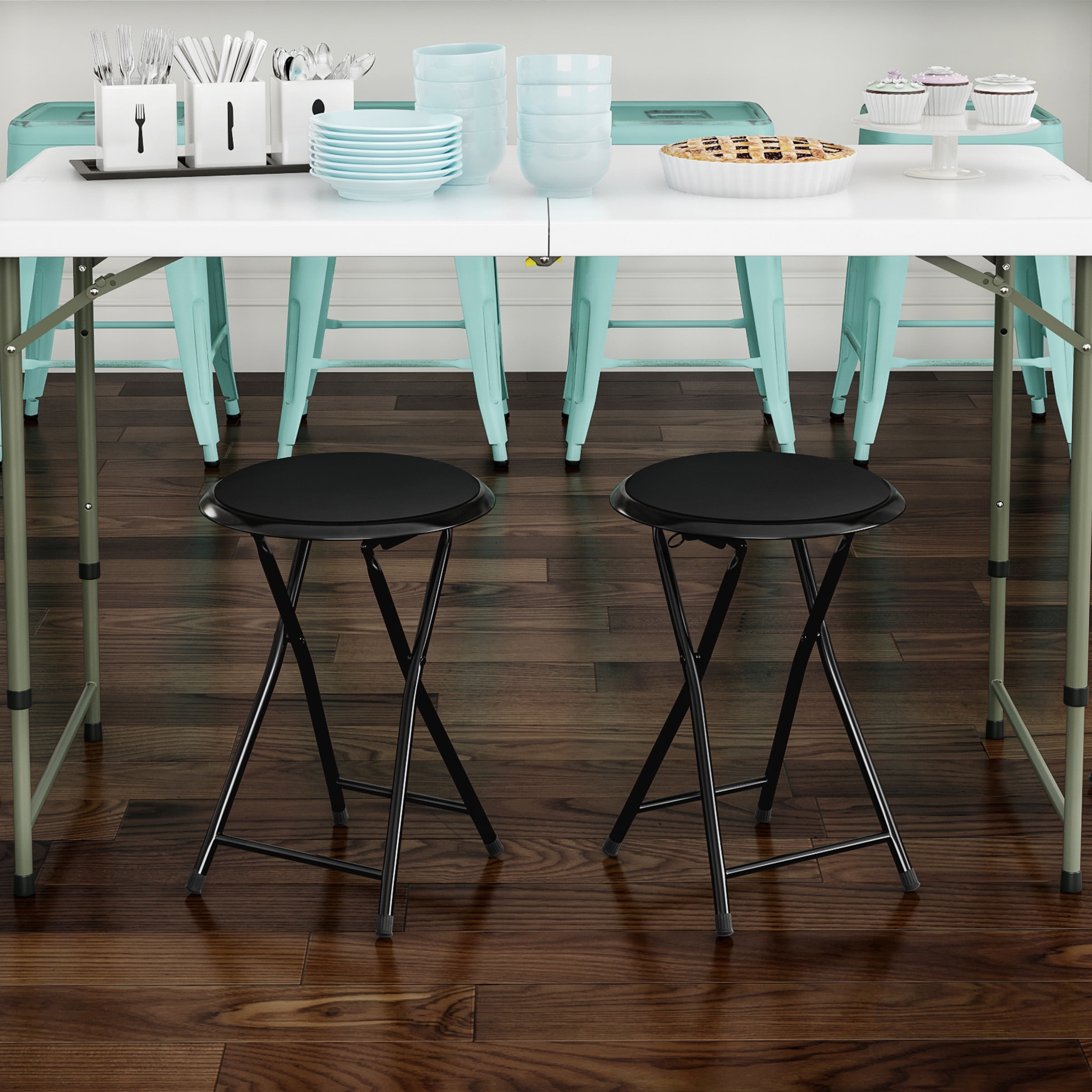 Set of 2 Black Metal 18-Inch Folding Bar Stools with Padded Seats