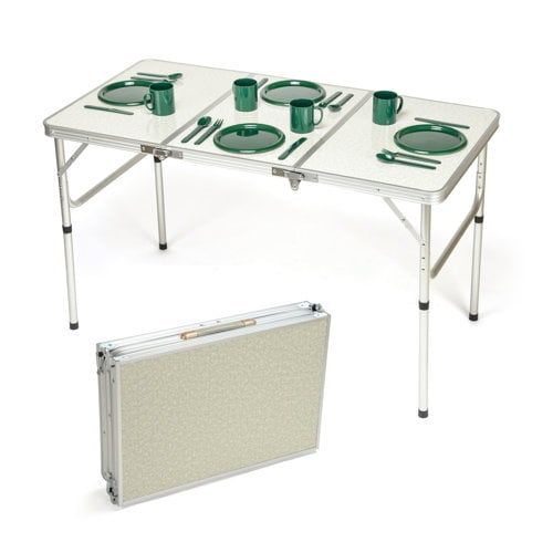 Trademark Innovations Portable Adjustable Lightweight Aluminum Folding Table, Silver and Beige