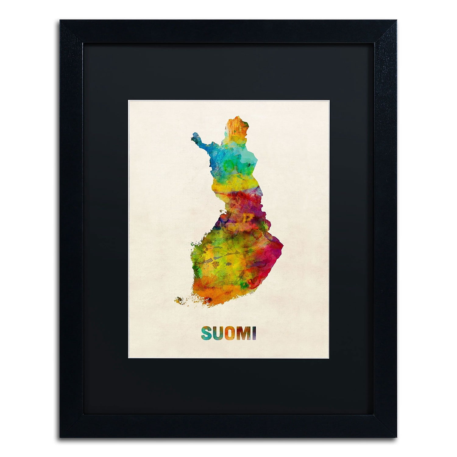 Trademark Michael Tompsett "Finland Watercolor Map.." Art Black Matte W/Black Frame 16" x 20"