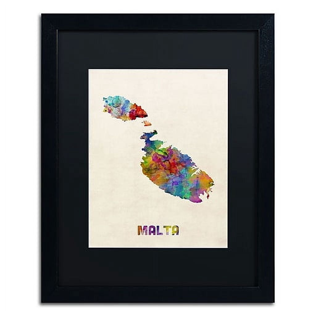 Trademark Michael Tompsett 'Malta Watercolor Map' Art, Black Matte W/Black Frame, 16' x 20'