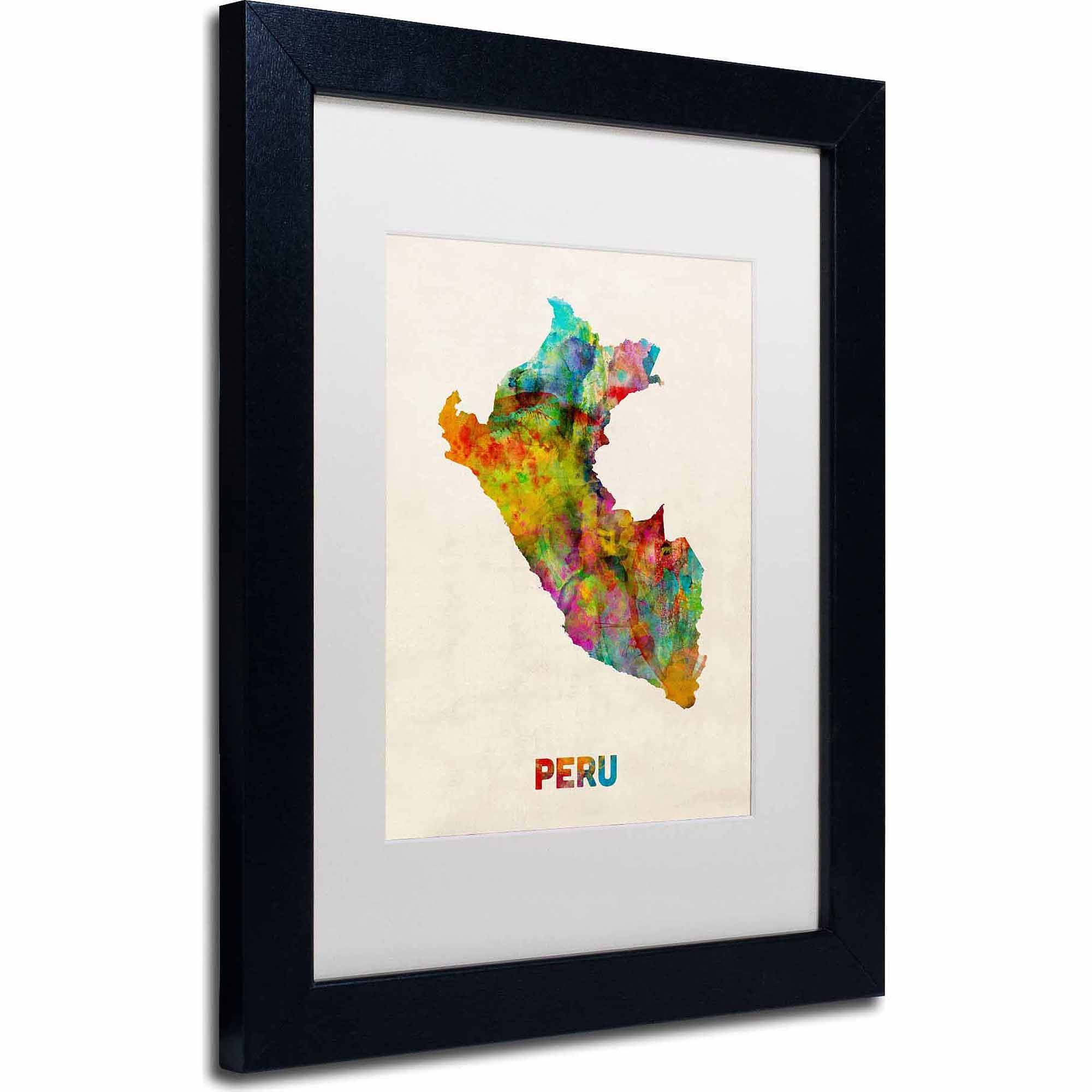 Trademark Michael Tompsett 'Peru Watercolor Map' Art, White Matte W/Black Frame, 16' x 20'