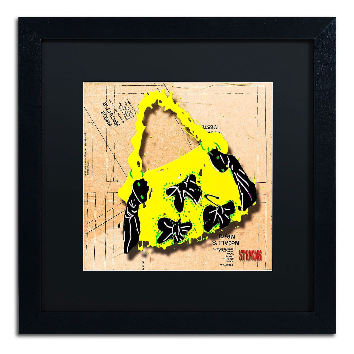 Trademark Roderick Stevens "Bow Purse Black on Yellow" Art Black Matte With Black Frame 16" x 16"