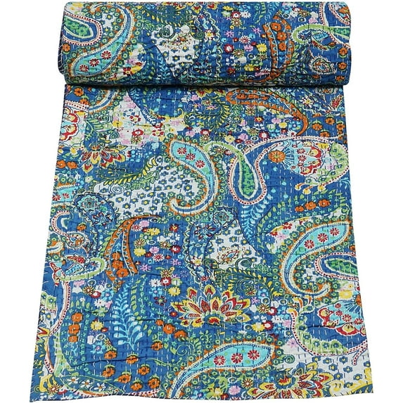 Trademoon Indian Handmade Paisley Print Cotton Kantha Quilt ,Bedsheet,Bedspread,Throw Blanket Size ( King 108" x 108" )