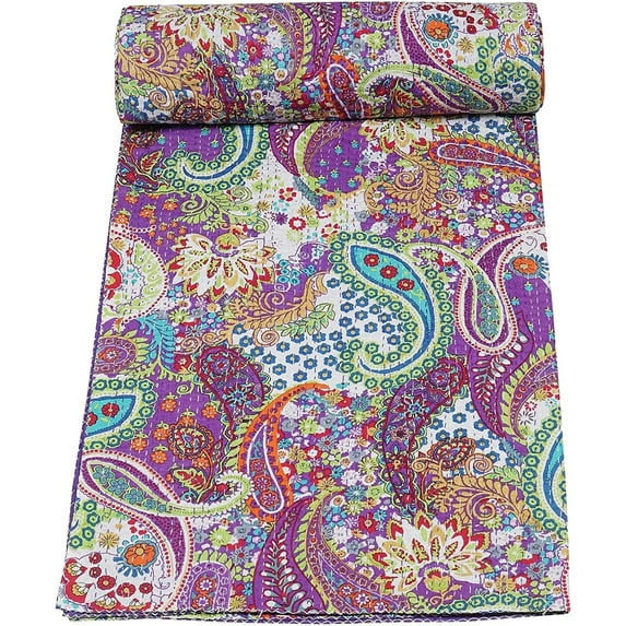 Trademoon Indian Handmade Paisley Print Cotton Kantha Quilt ,Bedsheet,Bedspread,Throw Blanket Size ( Single 60" x 90" )
