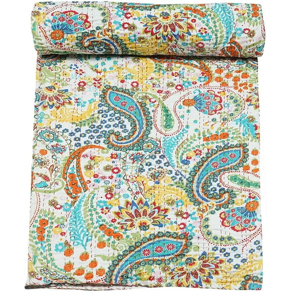 Trademoon Indian Handmade Paisley Print Cotton Kantha Quilt ,Bedsheet,Bedspread,Throw Blanket Size ( Single 60" x 90" )