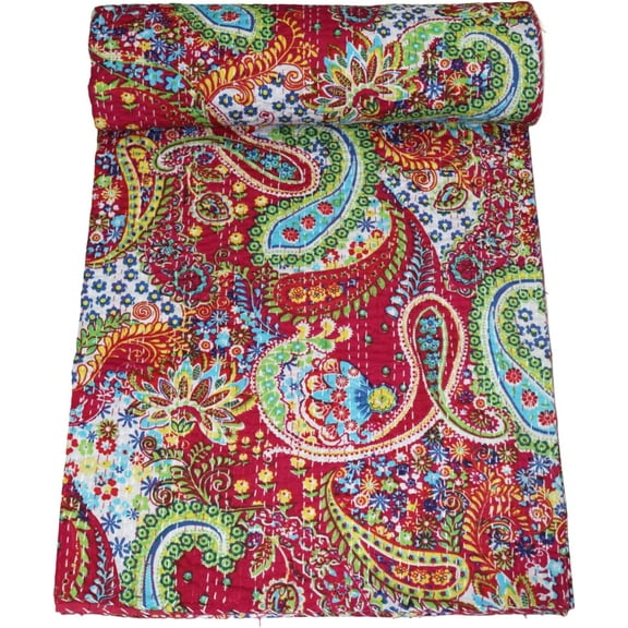 Trademoon Indian Handmade Paisley Print Cotton Kantha Quilt ,Bedsheet,Bedspread,Throw BlanketSize ( Double 90" x 108" )