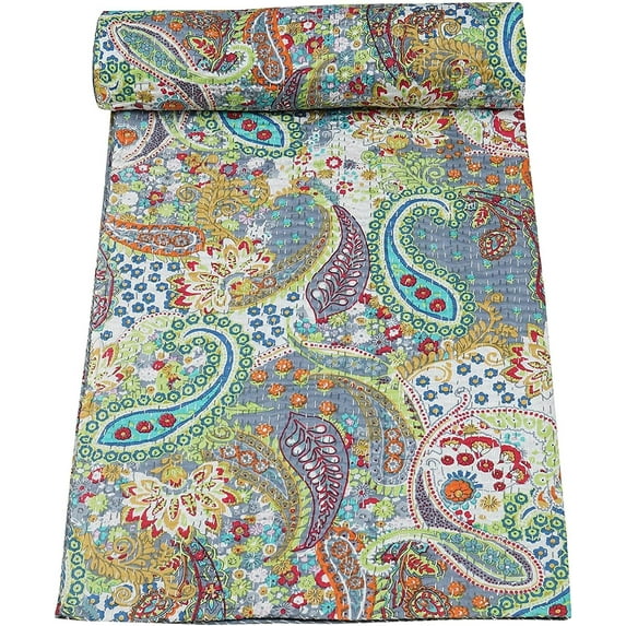 Trademoon Indian Handmade Paisley Print Cotton Kantha Quilt ,Bedsheet,Bedspread,Throw BlanketSize ( Double 90" x 108" )