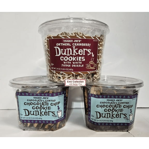 Trader Joes 1 Dunkers Oatmeal Cranberry Cookies and 2 Chocolatey Coated Chocolate Chip Cookie (3 Tubs)
