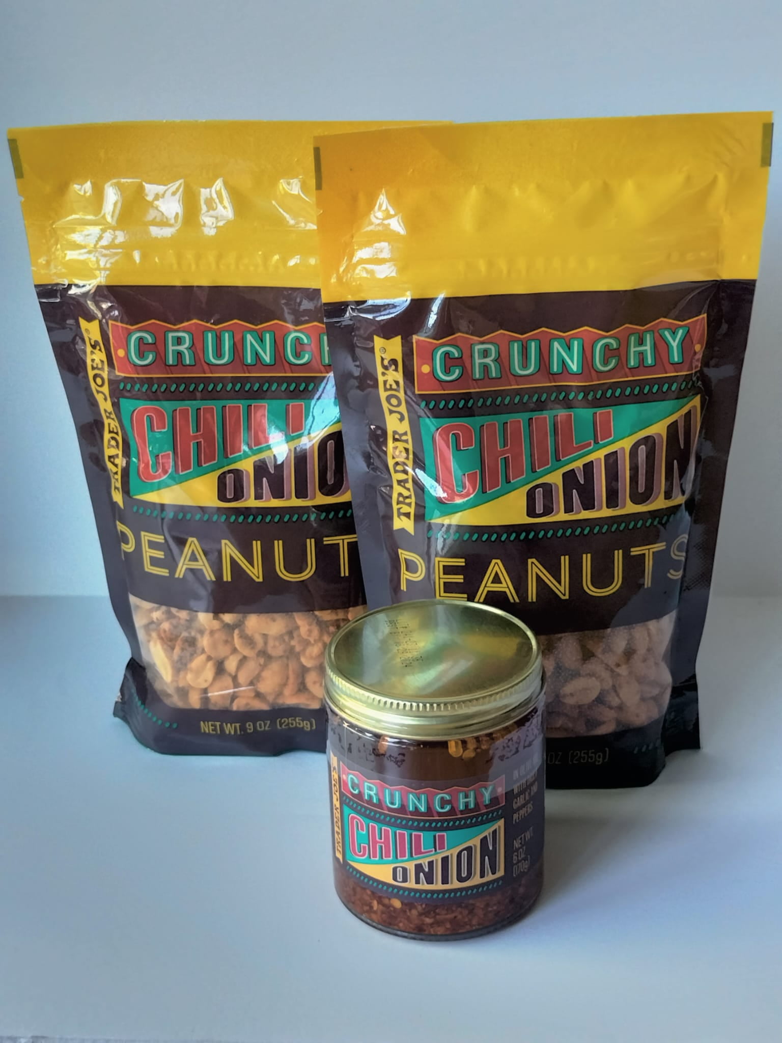 Trader Joe's 2 Crunchy Chili Onion Peanuts 9 oz and 1 Jar of Chili