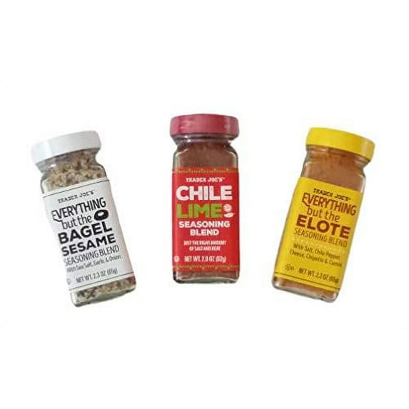 Trader Joe's BBQ Seasoning 3 Pack With 1 Each Everything But The Bagel 2.3 oz, Chile Lime 2.9 oz and Elote 2.3 oz Bottles