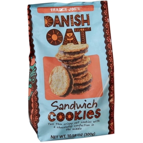 Trader Joe's Danish Oat Sandwich Cookies Thin Crispy with Chocolatey Confection 10.58 oz (300g)