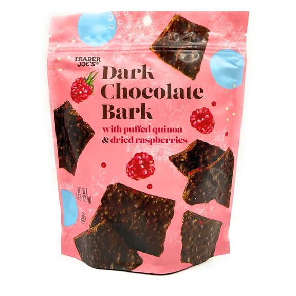 Trader Joe's Dark Chocolate Bark with Puffed Quinoa and Dried Raspberries Chocolate Candy, Pack of 1, 8oz