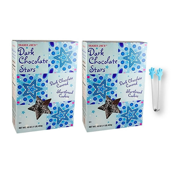 Trader Joe's Dark Chocolate Stars Shortbread Cookies 16 Oz. X 2 with Mini Silicone Tongs (3-Pc Set)