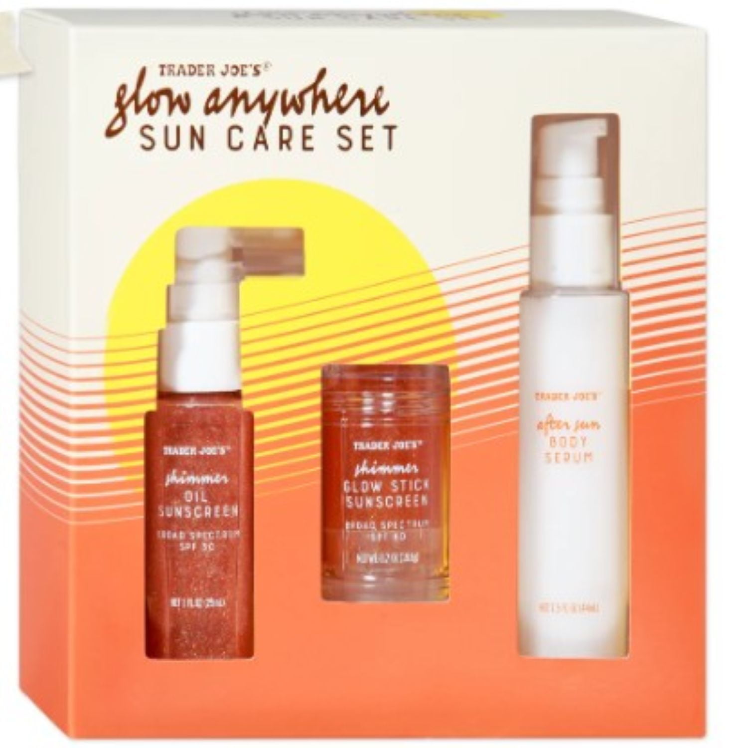 Trader Joe's Glow Anywhere Sun Care Set: SHIMMER OIL SUNSCREEN, SHIMMER GLOW STICK SUNSCREEN, AFTER SUN BODY SERUM, and bonus keychain gift
