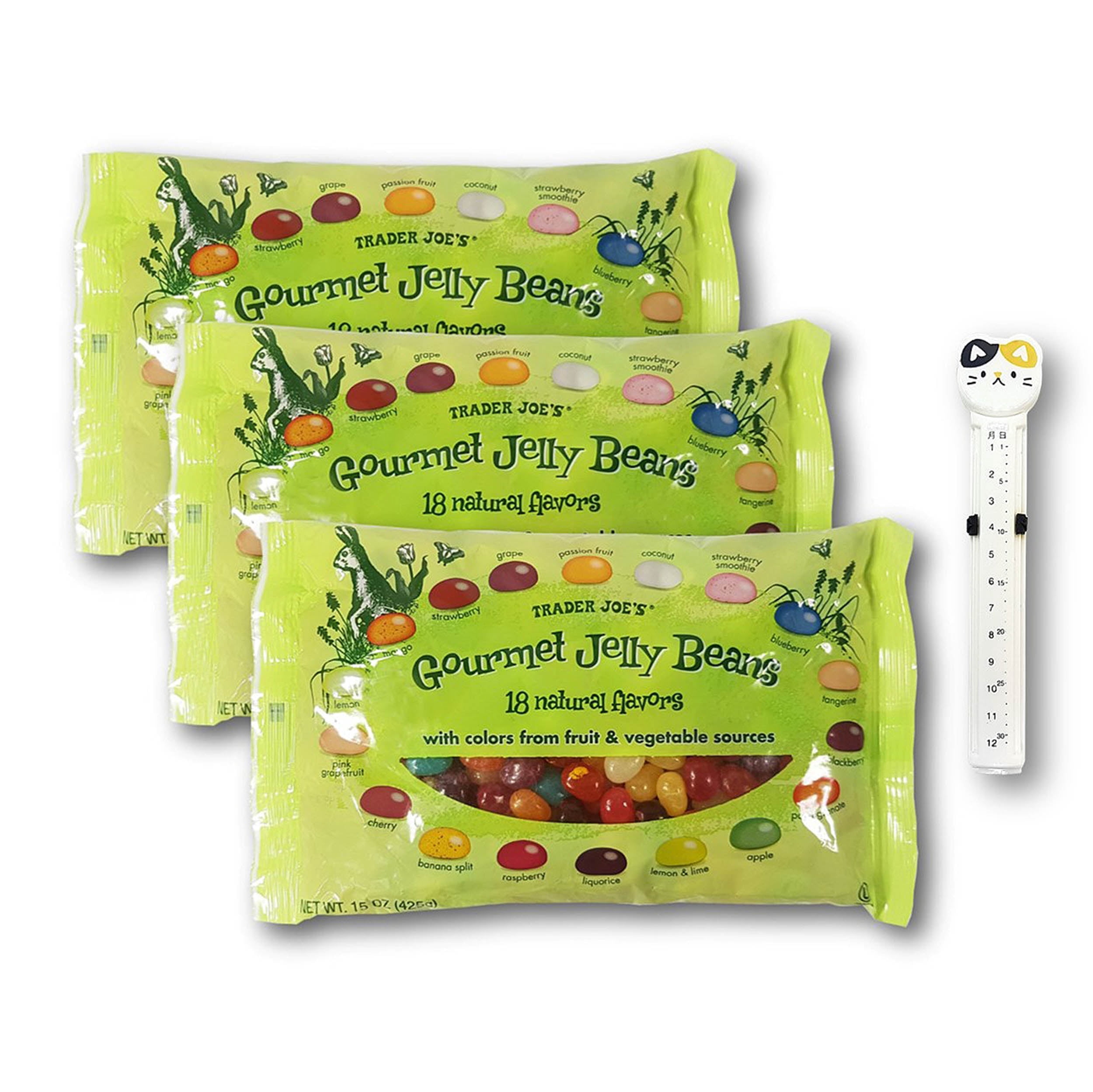 Trader Joe's Gourmet Jelly Beans 18 Natural Flavors and Colors 15 Oz. (Pack of 3) with 1 Adorable Animal Calendar Bag Clip
