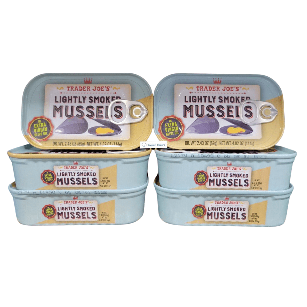 Trader Joes Lightly Smoked Mussels in Extra Virgin Olive Oil 4.02oz 114g (Six Cans)